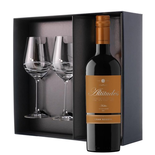 Altitudes Malbec Gran Reserva 75cl Red Wine And Diamante Venezia Glasses Gift Box Set